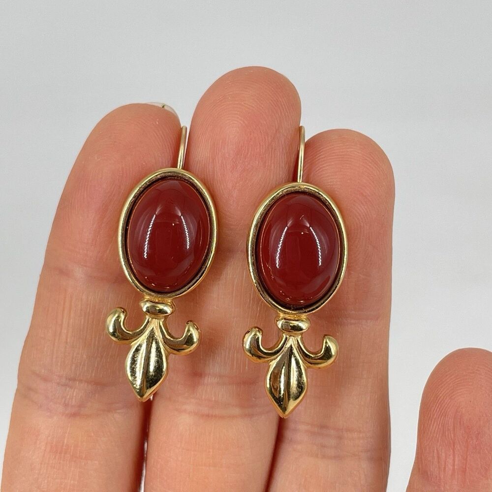 Monet Red Cabochon Dangle Earrings Gold Tone Fleur de Lis Signed Leverback